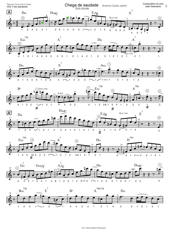 Recueil D'une Note à l'autre - Vol5 - Extrait de partition solo Chega de saudade