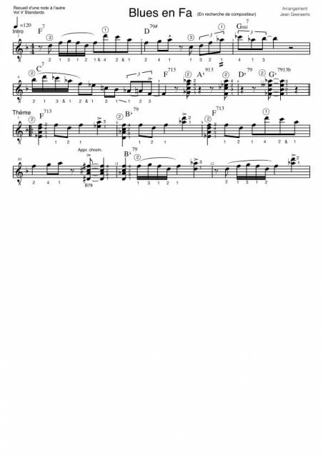 Recueil D'une Note à l'autre - Vol5 - Extrait de partition pour l'arrangement guitare de F Blues